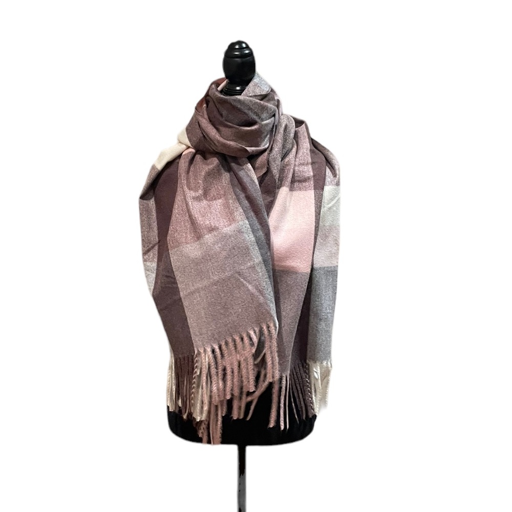 Pretty Persuasion pink grey plaid knit oversized wrap scarf gorpcore winter cozy